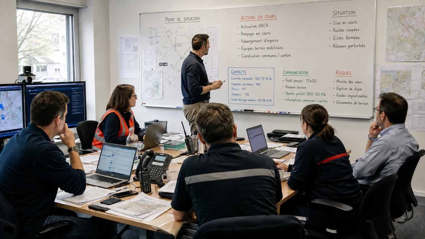 Une cellule de crise en séance autour d'une grande table. Au mur, un tableau tenu à jour : point de situation, actions en cours, risques, contacts d'urgence et communication.