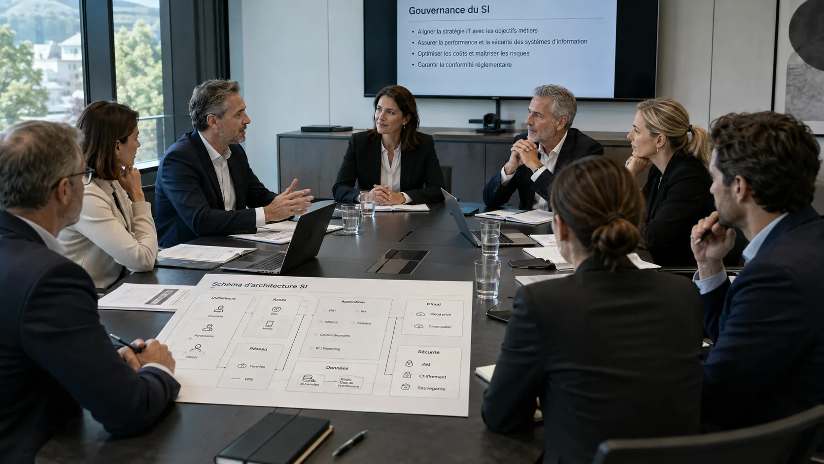 Un comité de direction en séance. À l'écran, les objectifs de la gouvernance du système d'information ; sur la table, un schéma d'architecture dépliant utilisateurs, accès, applications, données et sécurité.
