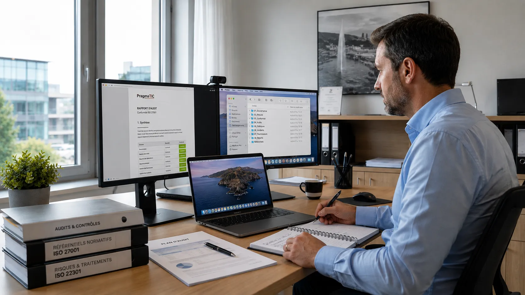 Un consultant à son bureau devant deux écrans : un rapport d'audit de conformité ISO 27001 avec son tableau de constats, et l'arborescence documentaire du mandat. Sur la table, un plan d'audit et des classeurs de référentiels normatifs.