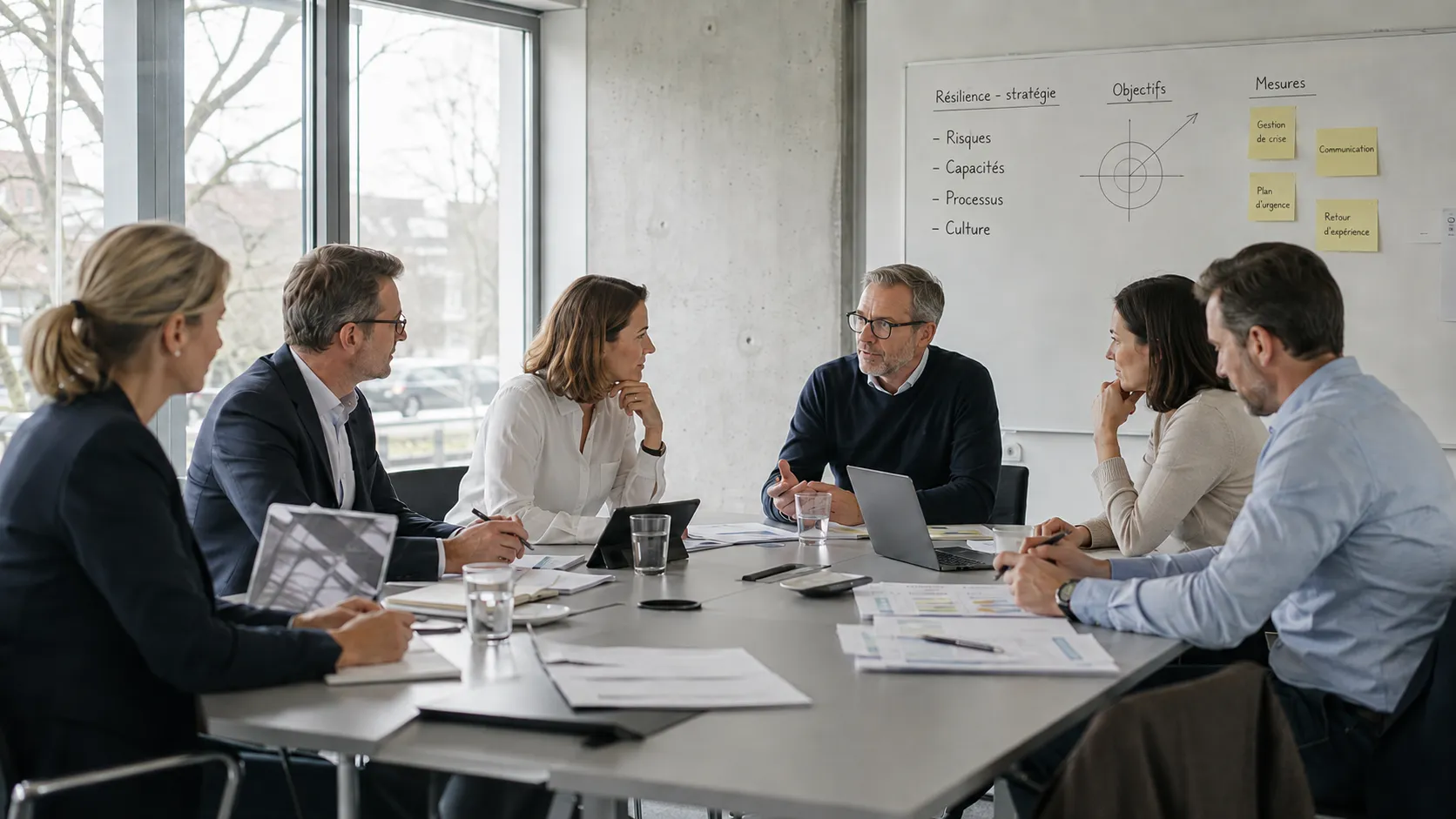 Six personnes autour d'une table de réunion, en discussion. Au tableau blanc derrière elles, une stratégie de résilience en quatre volets : risques, capacités, processus, culture.